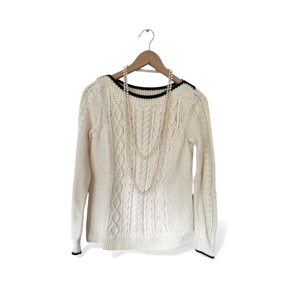 J Crew Cream Boatneck Cable Knit Sweater with Black Trim - Picture 2 of 6